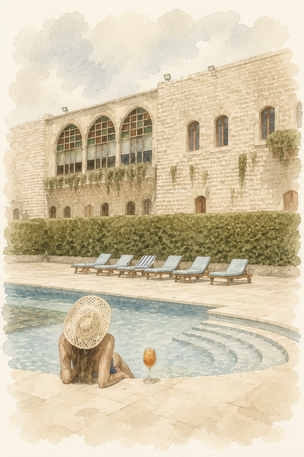 Pool side dining illustration